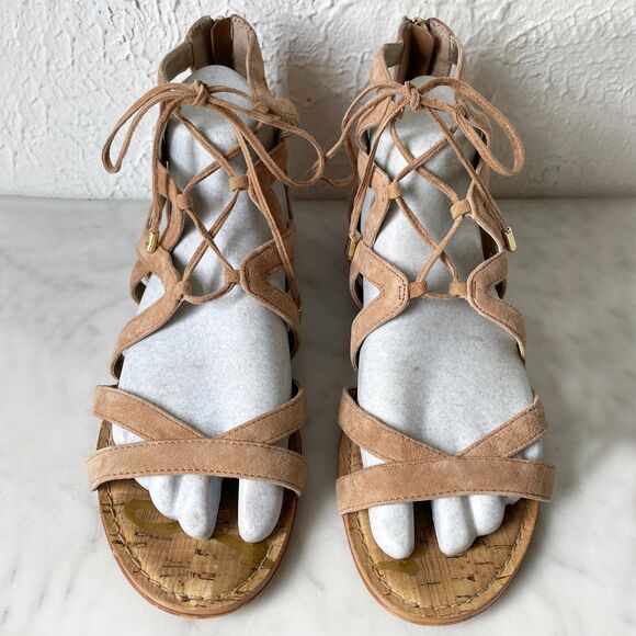 Sam Edelman Tan Gladiator Sandals Back Zip Low Cork Wedge Heel Women's 10 - Picture 4 of 9